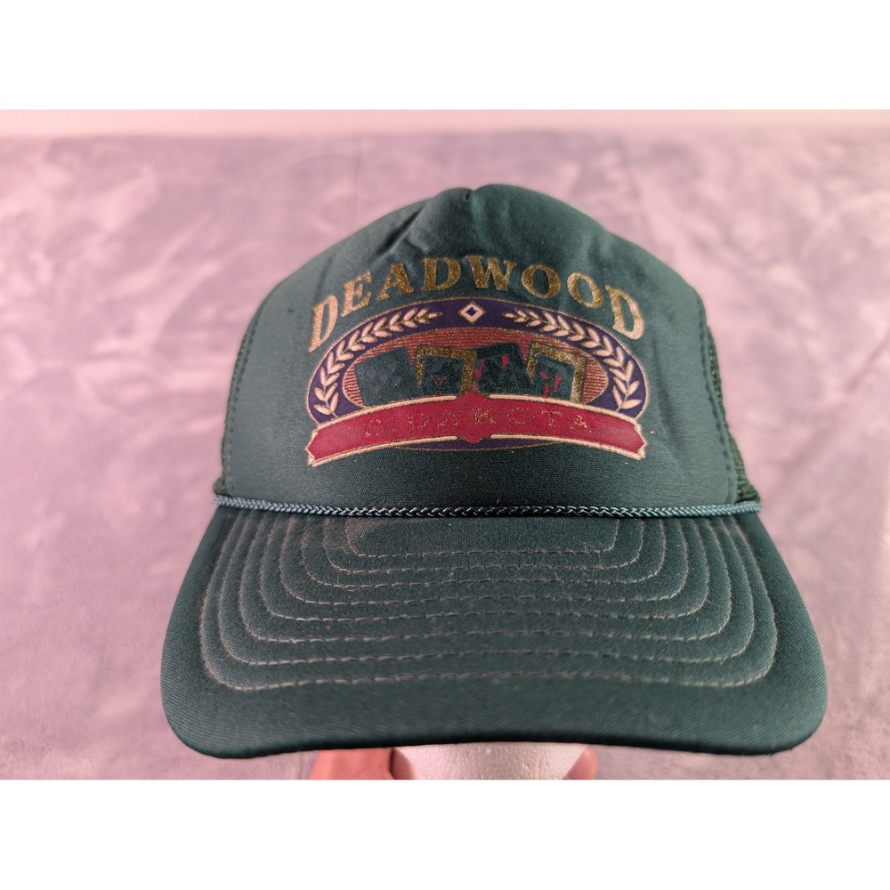 Vintage Deadwood South Dakota Nissin Cap Trucker Hat Green Snapback Mesh Hat